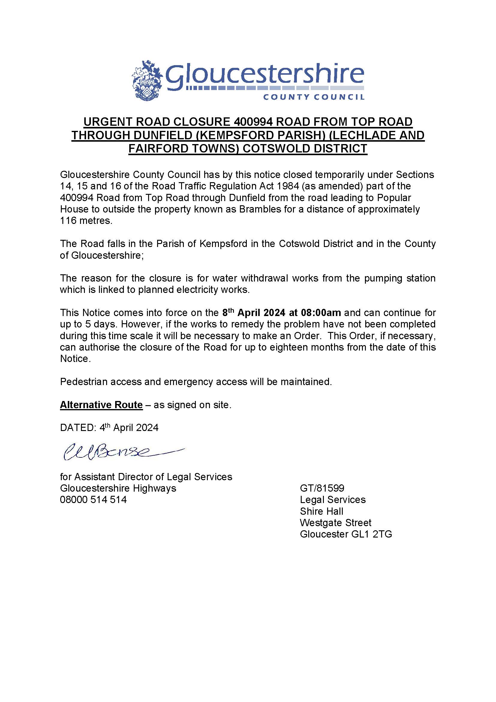 Urgent Road Closure at Dunfield